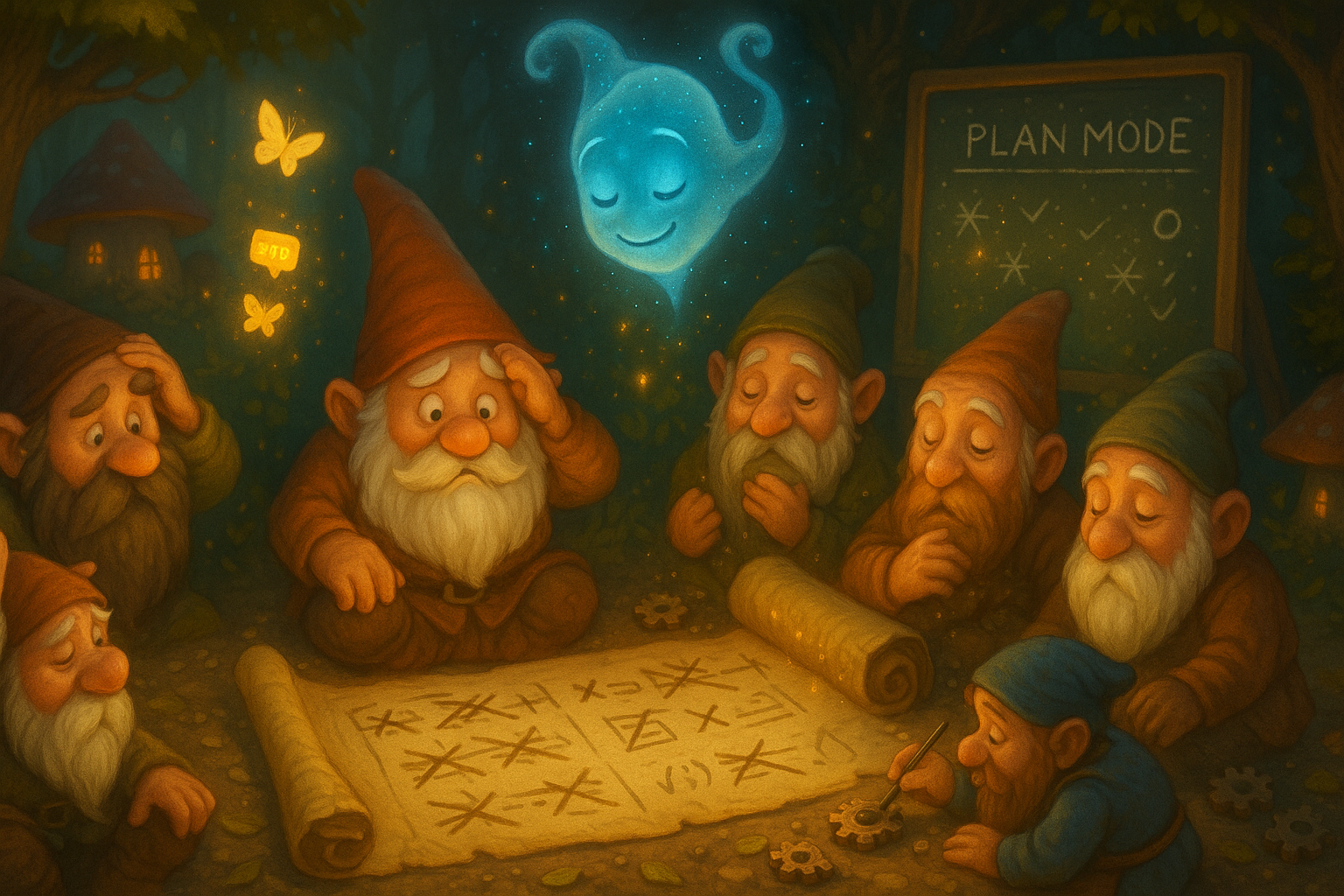 Enchanted forest workshop scene with bearded gnomes gathered around ancient scrolls filled with crossed-out plans and lessons learned, some gnomes scratching their heads in confusion while others nod wisely. A friendly blue AI spirit (Claude Code) hovers patiently above, emanating soft golden light that illuminates floating error messages transforming into butterflies. Magical chalkboard shows 'Plan Mode' in glowing runes, with broken gears being carefully repaired, symbolizing learning from mistakes
