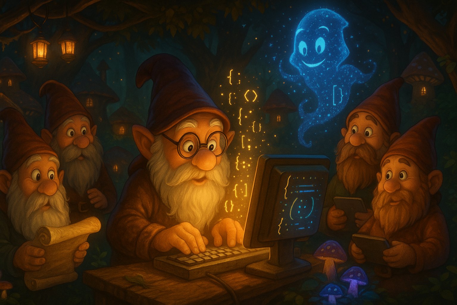 Enchanted forest workshop scene with bearded gnomes gathered around a glowing computer terminal, a friendly blue AI spirit floating above, and magical code symbols cascading like golden fireflies, bridging 1984's Electric Dreams with modern AI coding