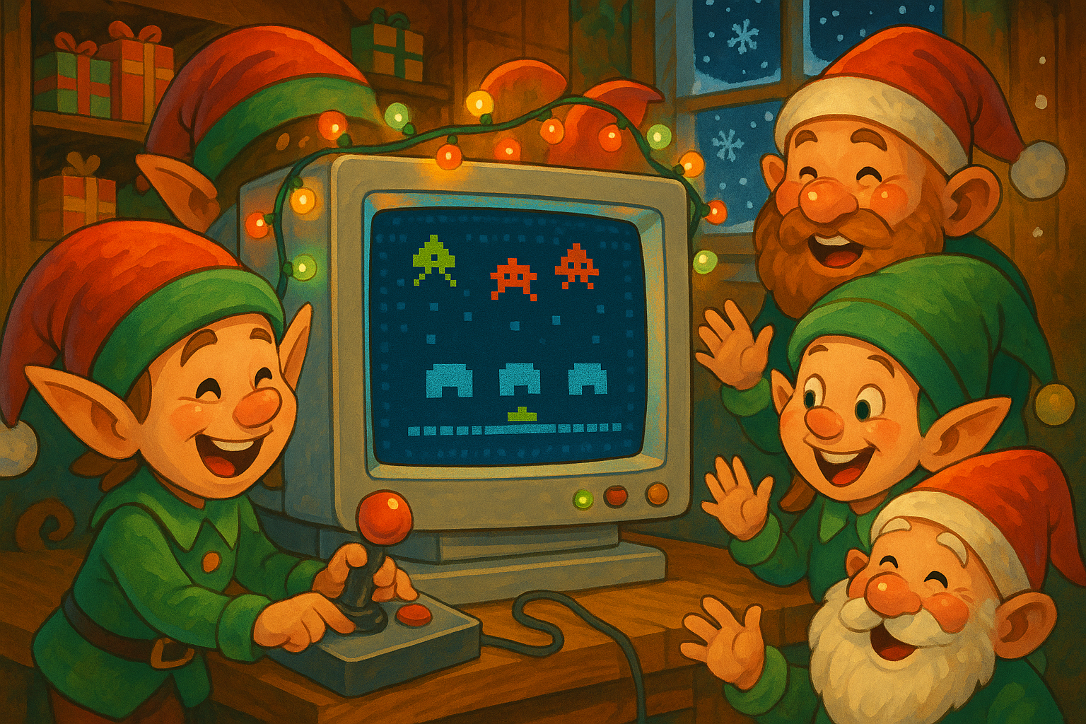 Retro arcade cabinet displaying SharePoint Christmas games with pixelated Santa and snowflakes