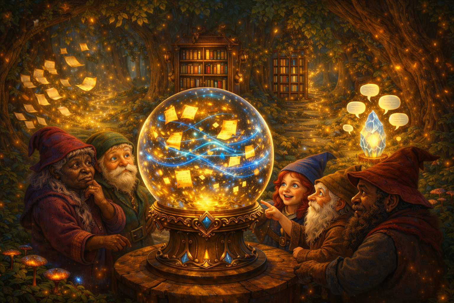 Enchanted forest observatory where a diverse group of gnomes — different genders, skin tones, and ages — peer through an ornate crystalline looking glass mounted on a golden pedestal, revealing swirling layers of glowing data — golden document fragments, blue semantic threads connecting related concepts, and tiny sparkling relevance scores floating like fireflies. Warm ambient light emanates from the looking glass, illuminating two distinct magical pathways in the background: a retrieval path of scattered text scrolls, and a search path of neatly ordered tomes on shelves. An elder gnome with dark skin strokes her chin thoughtfully while a younger gnome with red hair points excitedly at the swirling data. No humanoid spirits or ghostly figures. Cozy, warm atmosphere with rich forest greens and golden tones.