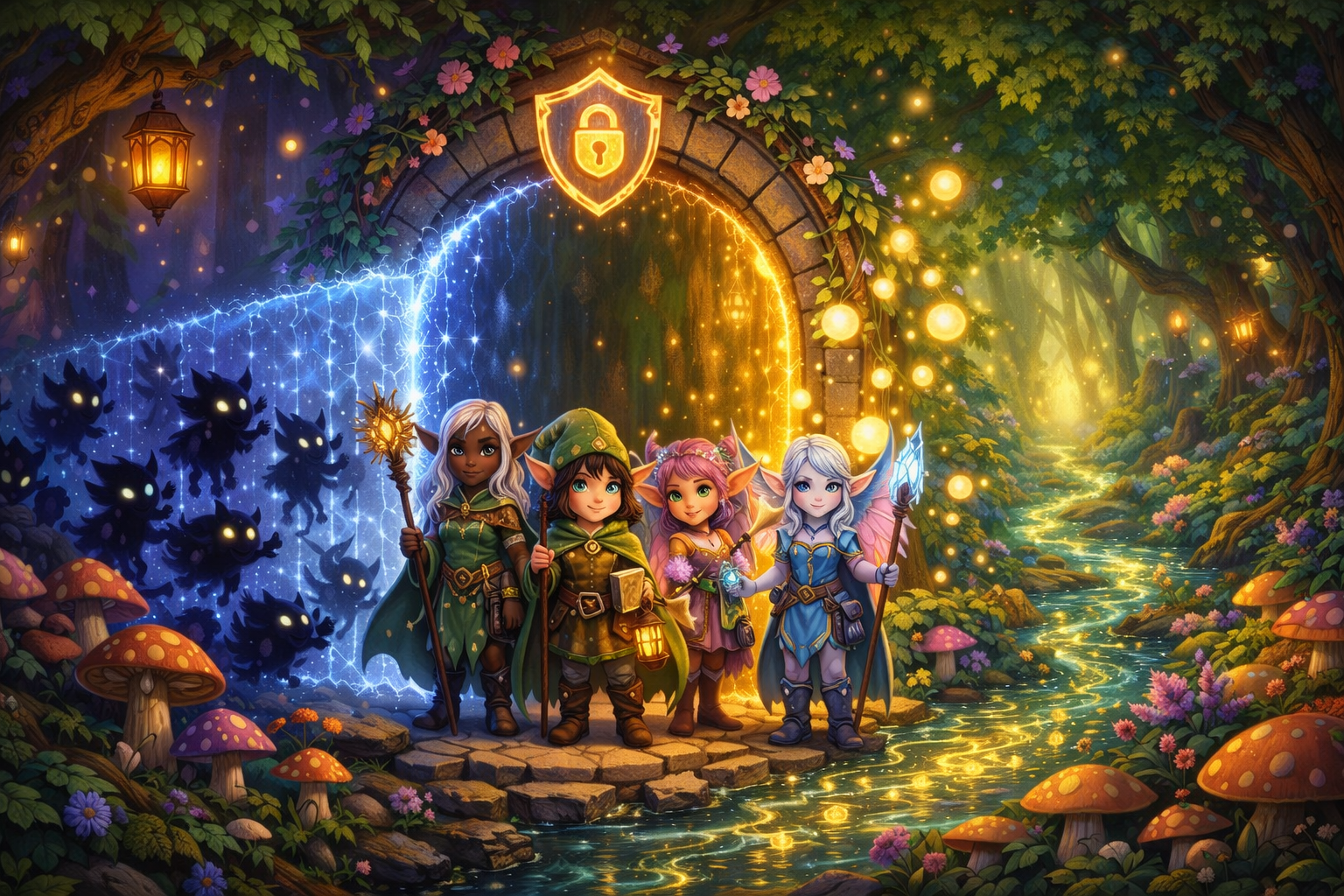 A diverse group of guardian elves at a magical gateway in an enchanted forest, protecting SharePoint from shadow creatures while allowing trusted glowing orbs to pass through
