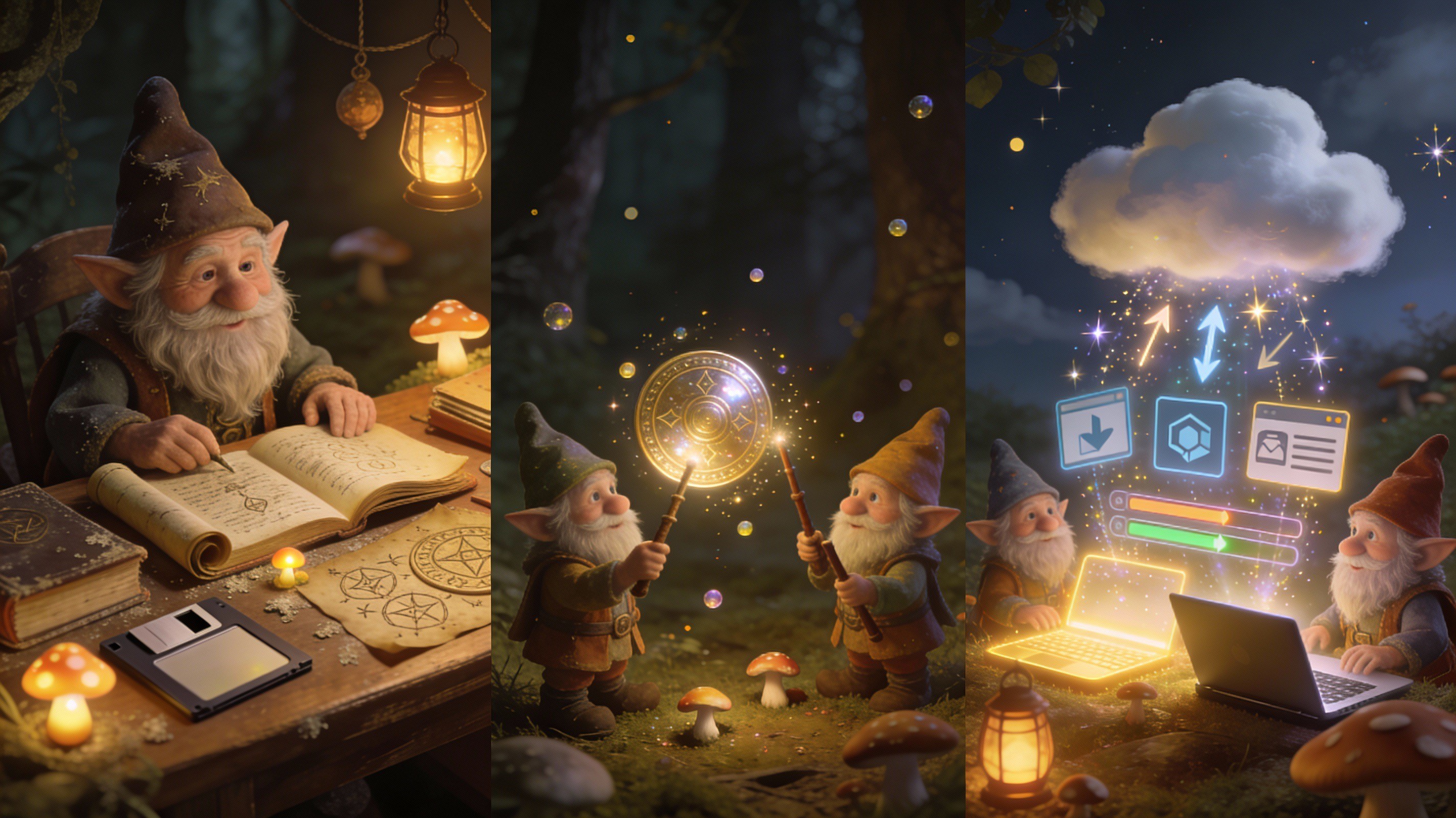 Whimsical gnome illustration showing the evolution from manual scripting to modern cloud deployment, representing the progression of the PuntoBello Installer