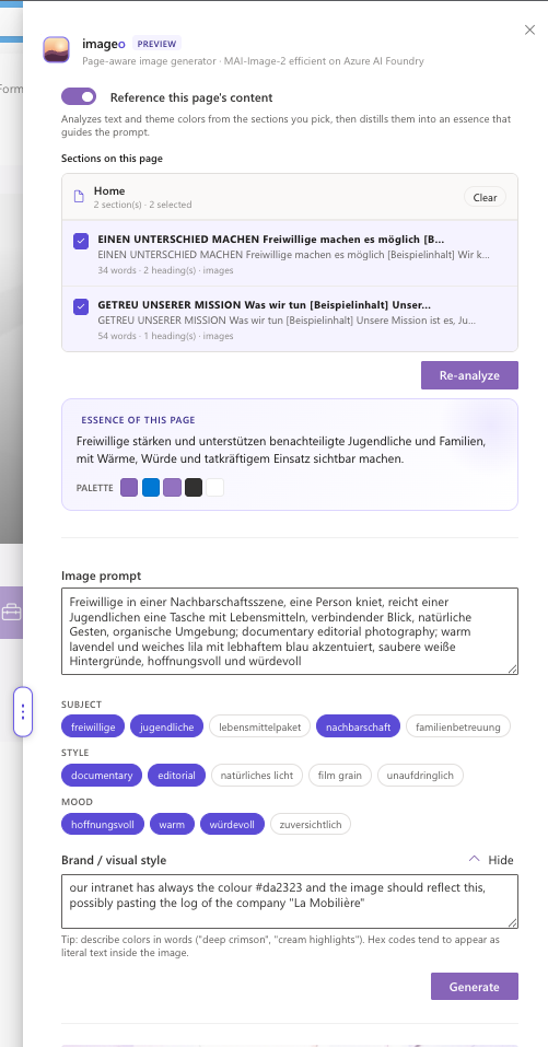 The imageo panel: an essence distilled from the selected sections, a suggested prompt, and Subject / Style / Mood chips — here on a German page, so the distil comes back in German