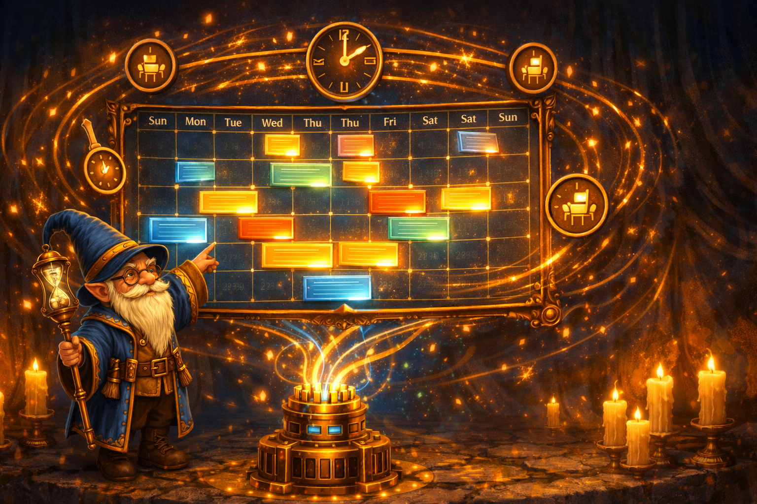 A gnome timekeeper stands before a large magical calendar floating in the air, with glowing event cards sliding into time slots. Golden clock hands and meeting room icons orbit around the calendar. A brass MCP connector at the base pulses with JSON-RPC threads. Warm candlelight, rich blues and golds, a sense of time and scheduling.