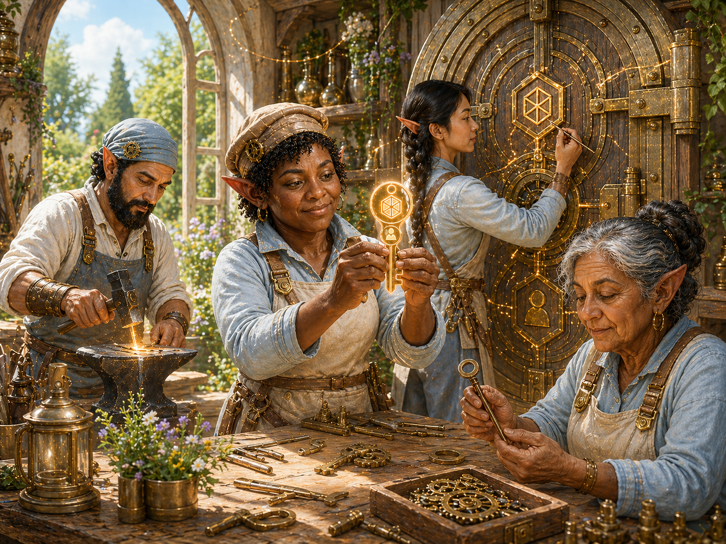A bright airy gnome workshop on a late-spring morning, sunlight streaming through an open window onto a group of four diverse gnome artisans collaborating around a tall sealed wooden-and-brass vault etched with subtle Easy Auth and managed-identity glyphs. In the foreground, a Black woman gnome holds up a softly glowing brass token-key. Beside her, a Middle Eastern man gnome works at an anvil; an East Asian woman gnome annotates glyphs on the vault; an older Latina woman gnome inspects an ordinary plain brass key that has been retired to the workbench. Fine JSON-RPC threads of light catch the sun as they weave through the room. Soft sky-blues and warm sunlit golds, pale-oak floors, brass tools and small wildflowers on the bench — a scene of shared craft on a clear seasonal morning. Slightly more refined composition than earlier posts in the series, keeping the artisan-warmth of the puntobello style in a brighter, more open seasonal mood.