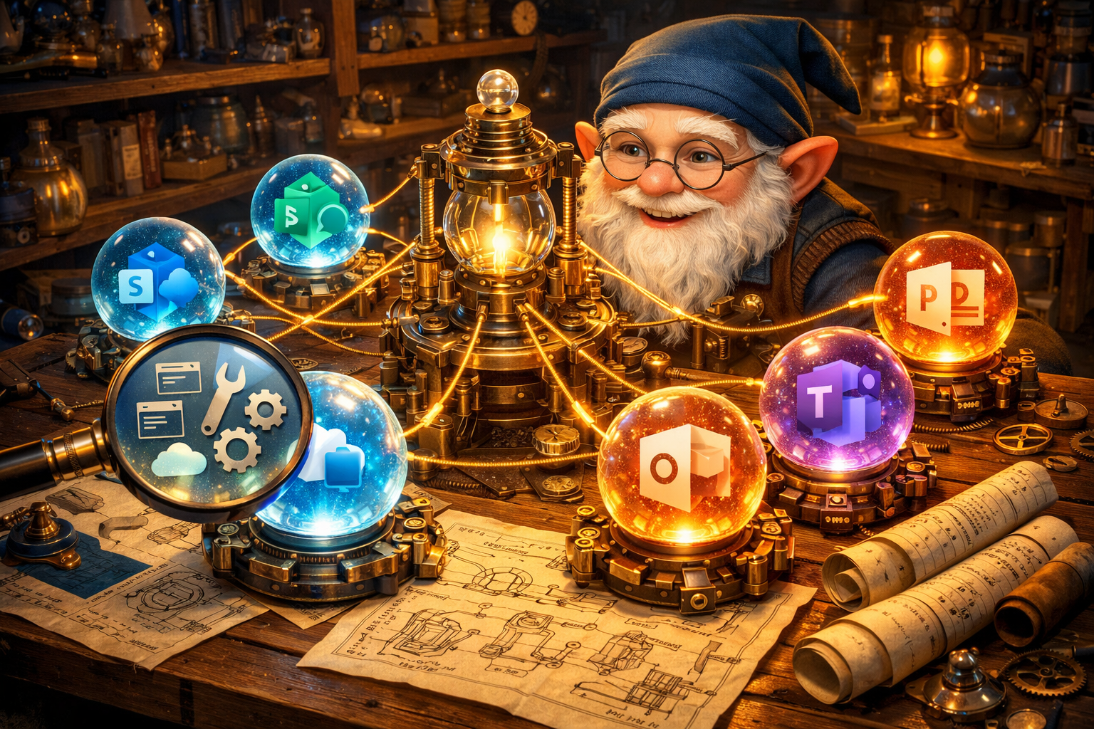 A gnome developer sits at a workbench surrounded by eight glowing crystal orbs — each representing a Microsoft 365 MCP server — with delicate golden JSON-RPC threads connecting them to a central testing apparatus made of glass and brass. The workbench is covered in scrolls showing tool schemas, and a magnifying glass hovers over one of the orbs revealing the tools inside. Warm workshop lighting, rich blues and golds, technical yet magical atmosphere.