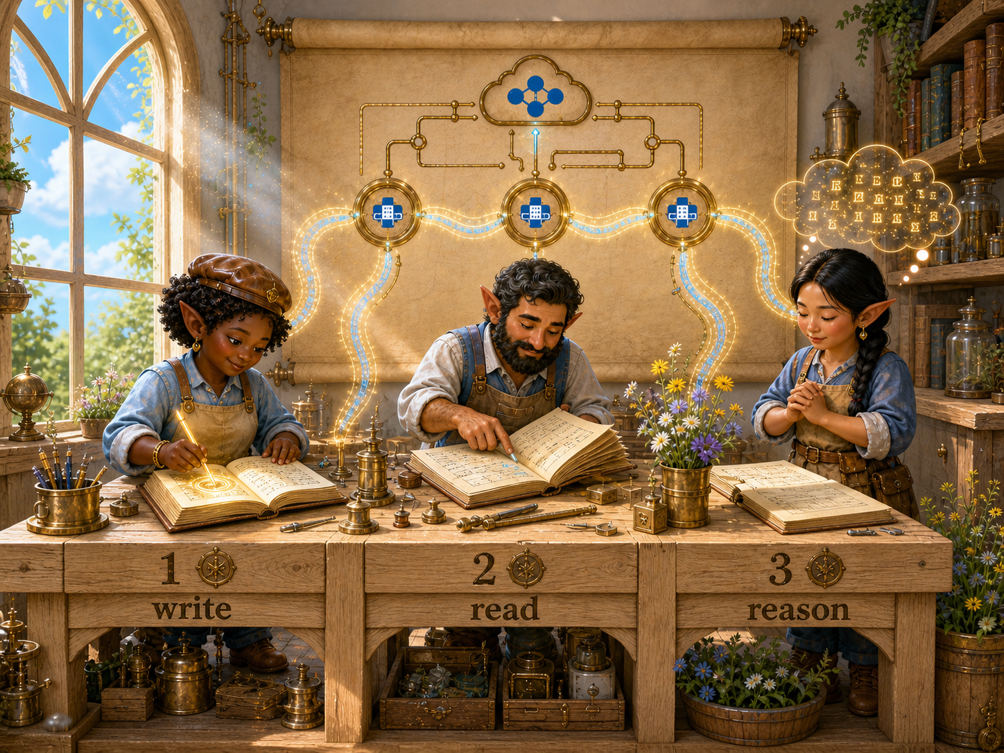 A bright airy gnome workshop on a late-spring morning. Three diverse gnome artisans work across a long pale-oak workbench divided into three numbered sections — write, read, reason. A Black woman gnome adds a glowing brass entry at 'write.' A Middle Eastern man gnome leafs through earlier ledger pages at 'read.' An East Asian woman gnome stands hands clasped at 'reason,' no tool in hand, with a faint thought-cloud of brass-glowing characters rising above. A SharePoint scroll on the back wall threads brass MCP connectors and JSON-RPC ribbons through each workstation. Sunlit golds, sky-blues, pale-oak, motes of pollen in the sunbeam. Slightly more refined composition than earlier posts in the series, in a brighter seasonal mood.
