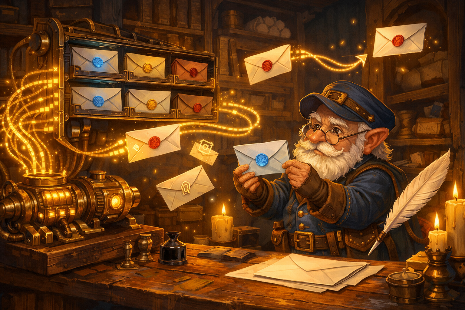 A gnome postmaster stands in a warm workshop sorting glowing letter envelopes that float through the air, each sealed with a different colored wax seal. A brass MCP connector device on the workbench feeds golden JSON-RPC threads into a mail sorting rack. Some envelopes have small attachment icons glowing on them. A reply arrow loops back from one envelope to the sorting rack. Warm candlelight, rich blues and golds, a sense of communication and organization.