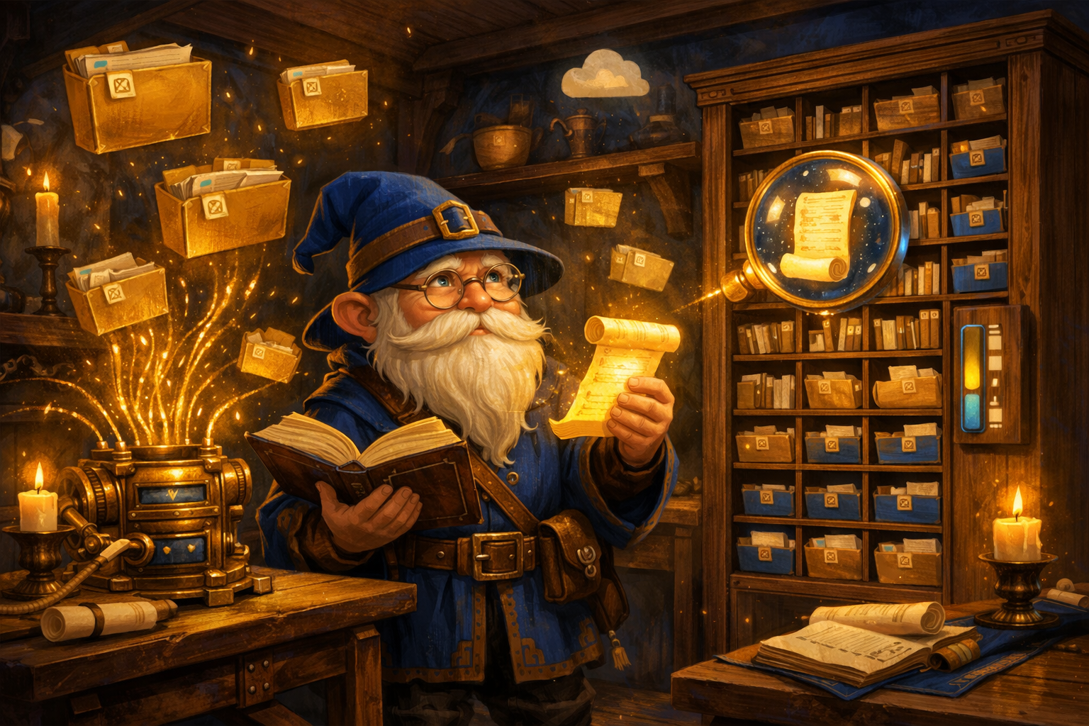 A gnome archivist in a cozy workshop surrounded by floating file scrolls and folder boxes, a brass MCP connector feeding JSON-RPC threads into a tall wooden cabinet organizing files. A glowing magnifying glass hovers mid-search, a quota meter shows a fill level, and a small cloud icon drifts above the cabinet. Warm candlelight, rich blues and golds, wooden textures, a sense of personal archive and file stewardship.