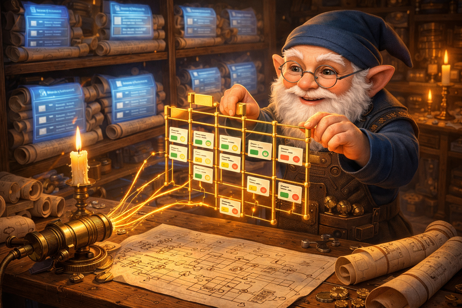 A gnome craftsman stands in a workshop filled with glowing SharePoint list scrolls stacked on shelves. The gnome is assembling a miniature project board from golden columns and rows that float into place — each row carrying tiny task cards with status badges (green, amber, red). A brass MCP connector on the workbench feeds structured JSON threads into the floating board. Warm candlelight, blues and golds, a sense of building and organizing.