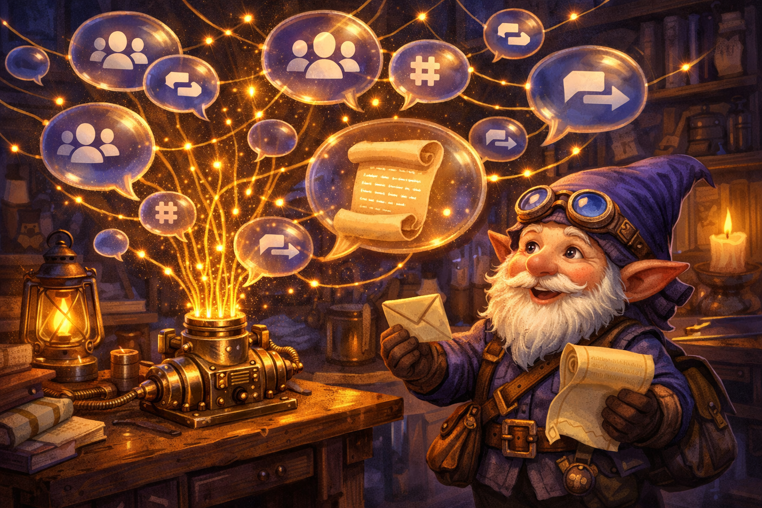 A gnome messenger stands in a cozy workshop with floating conversation bubbles connected by golden threads. Each bubble contains tiny team icons and channel symbols. A brass MCP connector on the workbench feeds JSON-RPC threads into the bubbles. Some bubbles have reply arrows looping back. Warm candlelight, rich blues and purples, a sense of collaboration and communication.