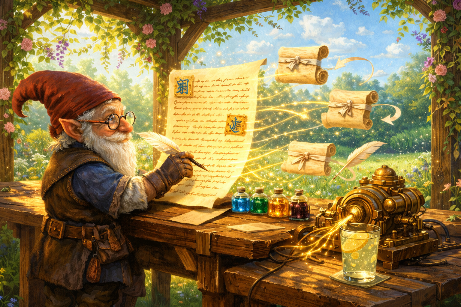 A gnome scribe at a tall wooden writing desk composing a glowing parchment document. Ink bottles line the desk, a brass MCP connector feeds JSON-RPC threads into document pages with illuminated chapter letters. Floating comment scrolls tied with red ribbons show reply arrows looping back to their parents. Warm candlelight, rich blues and golds, a sense of craftsmanship and collaborative annotation.
