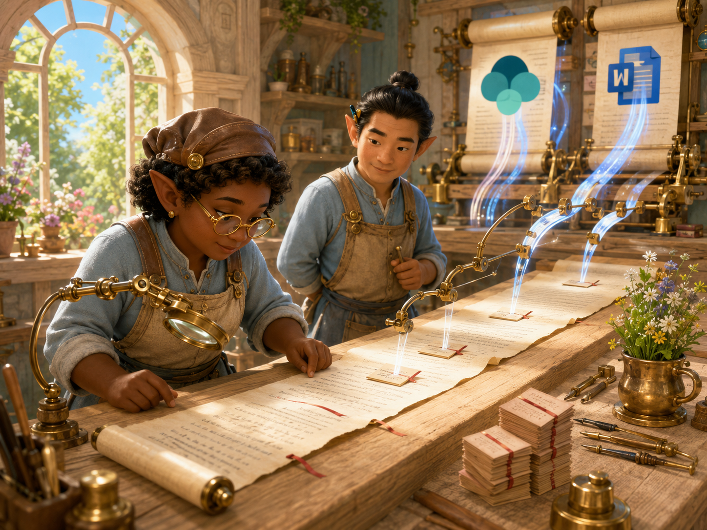 A gnome reviewer at a wooden lectern under spring light, reading a long unfurled scroll. Beside the scroll, a stack of small folded note-cards labelled with red ribbons, each held by a brass MCP connector lowering onto the document at exactly the right line. A second gnome — the author — standing back, watching the comments arrive. Warm sunlit golds, parchment whites, a sense of careful inline annotation rendered as craftsmanship.