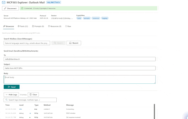 Sending an email through MCP — one call, no Graph SDK