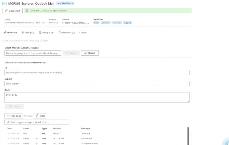 MCP365 Explorer Mail showcase: searching for &ldquo;pim&rdquo; and getting a Copilot-powered summary