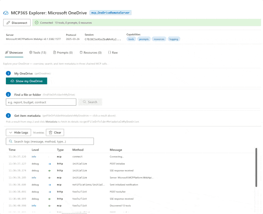 MCP365 Explorer OneDrive showcase: overview, search, metadata