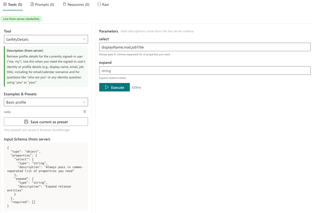 MCP365 Explorer showing the User Profile server with live parameter descriptions from the MCP schema