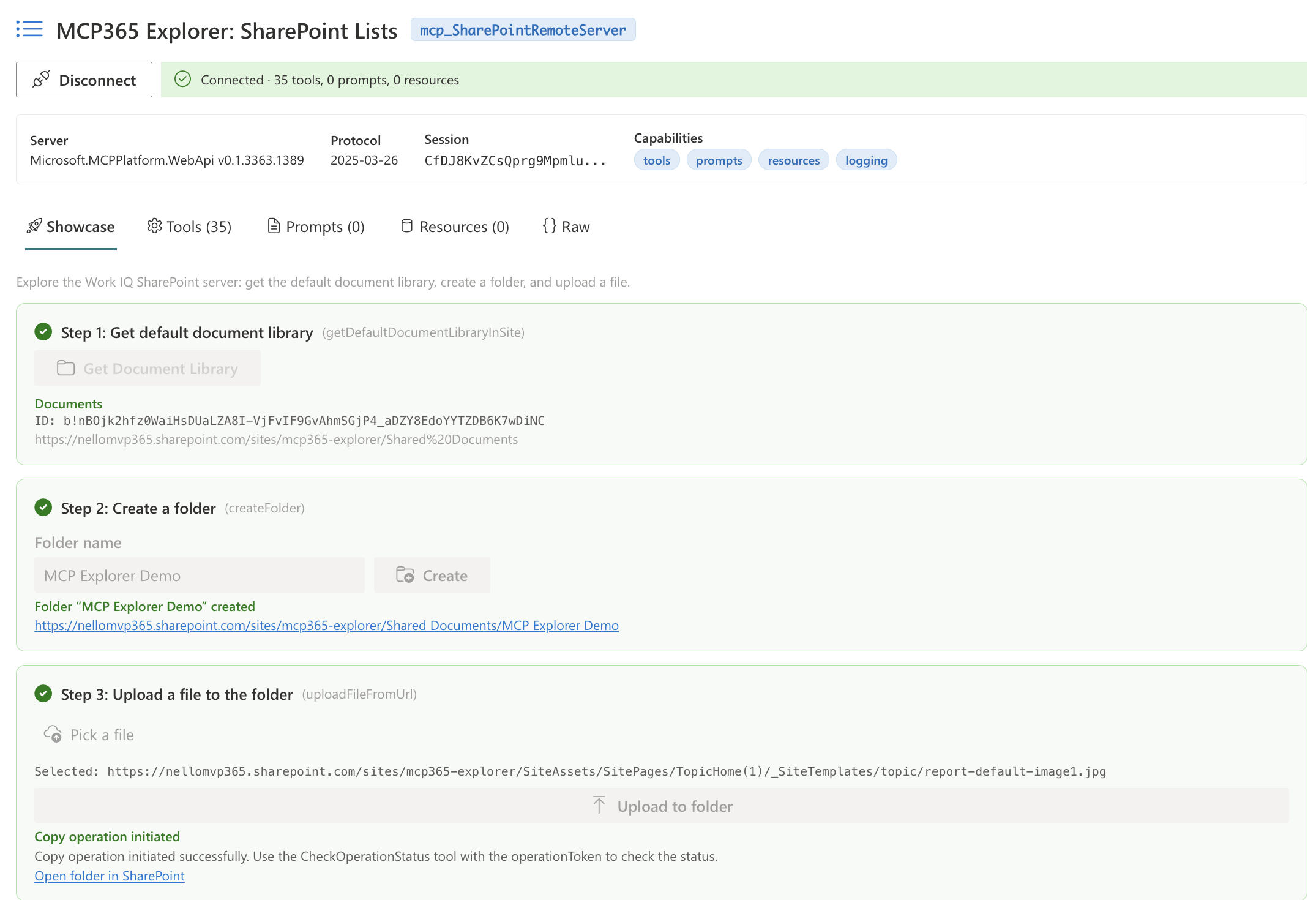 MCP365 Explorer SharePoint showcase: get document library, create folder, upload file