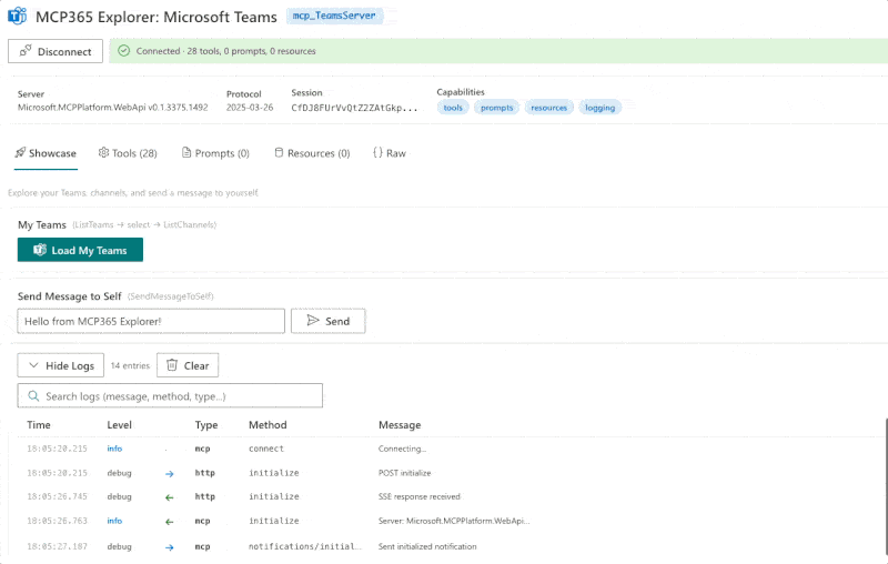 MCP365 Explorer Teams showcase: load teams, select, channels, send message to self