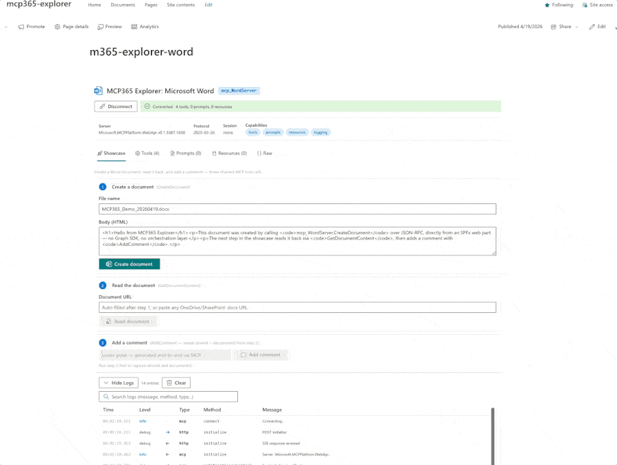 MCP365 Explorer Word showcase: create, read, comment