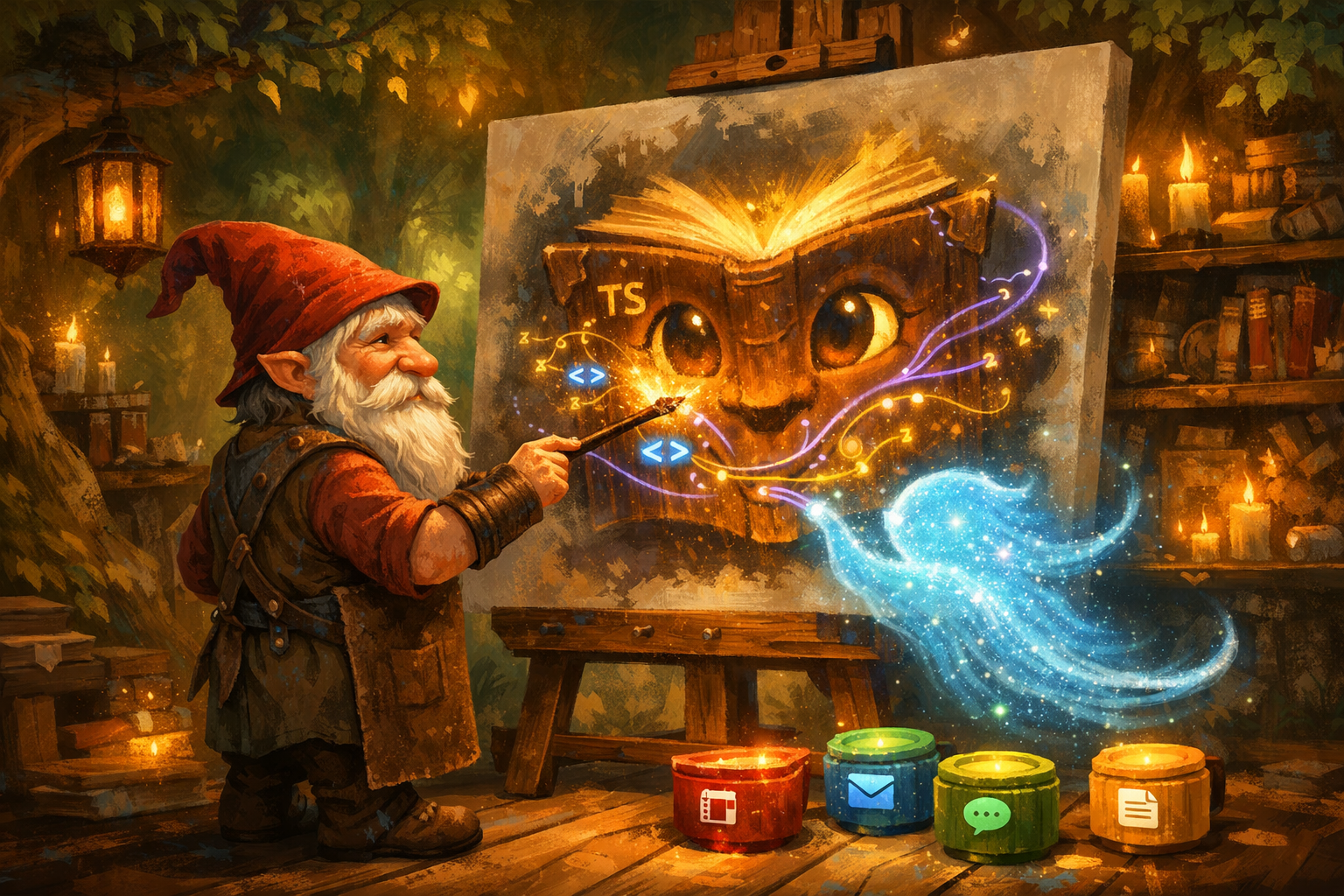 Enchanted forest atelier where a gnome painter stands before a large canvas on an easel, painting with brushes that trail glowing code instead of pigment — golden TypeScript symbols, blue React components, and purple SVG paths swirl from the brush strokes onto the canvas which shows the emerging face of a friendly magical book creature (a grimoire) with expressive eyes. A gentle blue AI spirit floats beside the gnome, guiding the brush hand with soft light. Paint pots on the floor contain glowing colors labeled with tiny Microsoft 365 logos. Warm candlelight, cozy atmosphere, rich forest greens and warm golden tones.