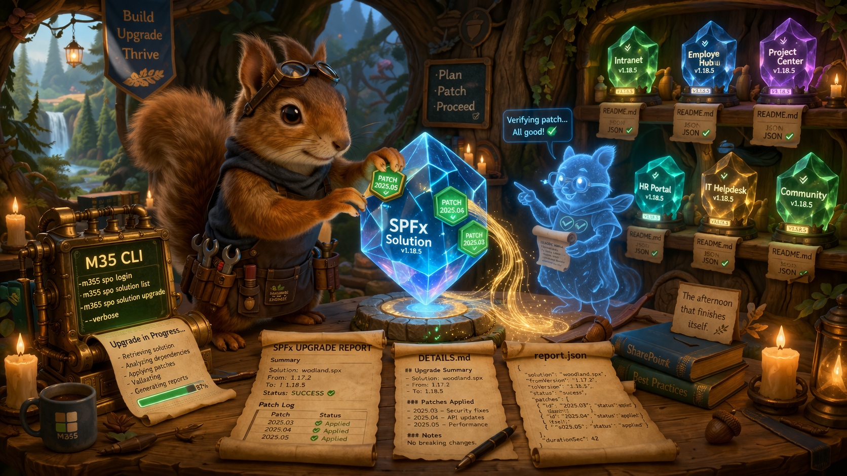 A friendly squirrel mascot wearing a small toolbelt, sitting on top of a stack of SPFx upgrade reports next to a softly glowing terminal window. Cyan and green accents, a workshop atmosphere, methodical and unhurried.