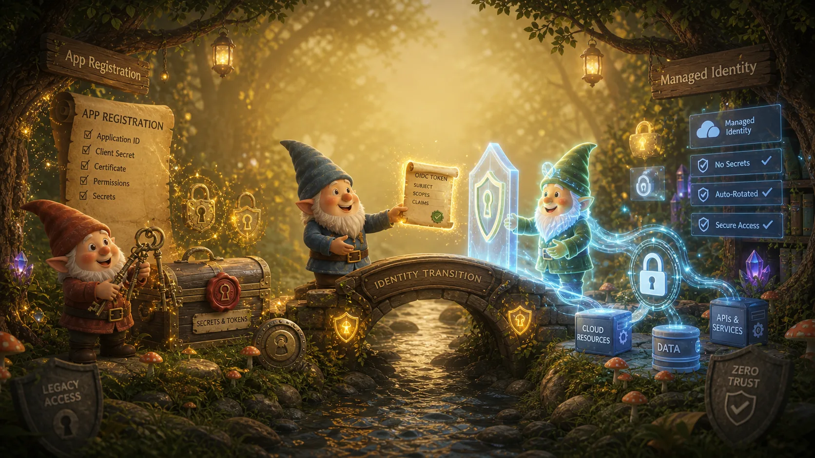Whimsical forest scene with three gnomes at a stone bridge labelled Identity Transition: on the App Registration side, a gnome holds old keys beside a chest of secrets and tokens and a scroll listing client secret and certificate; in the middle, a gnome hands a glowing OIDC token scroll across the bridge; on the Managed Identity side, a gnome stands among shields reading No Secrets, Auto-Rotated, and Secure Access — symbolizing the move from stored credentials to federated identities.
