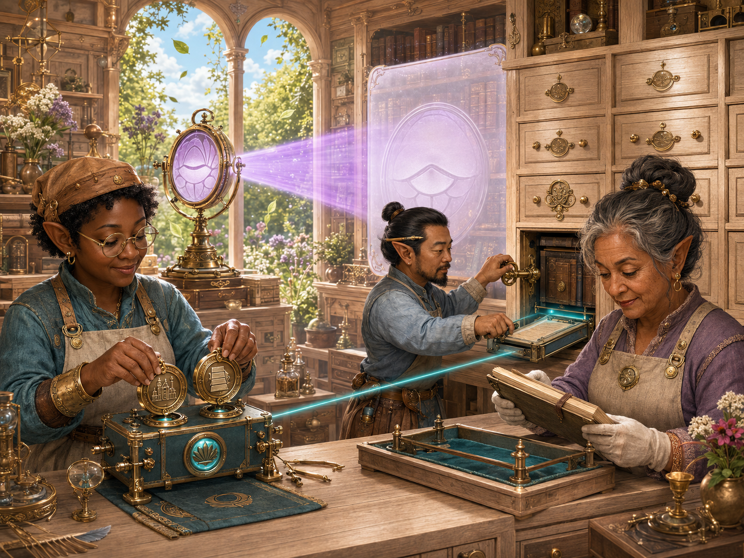 Three diverse gnome artisans in a bright late-summer archive workshop: a broad purple discovery beam stops at a translucent screen while a separate teal-and-gold search apparatus uses two brass identity medallions to retrieve a ledger from a known cabinet, opened with a physical permission key.