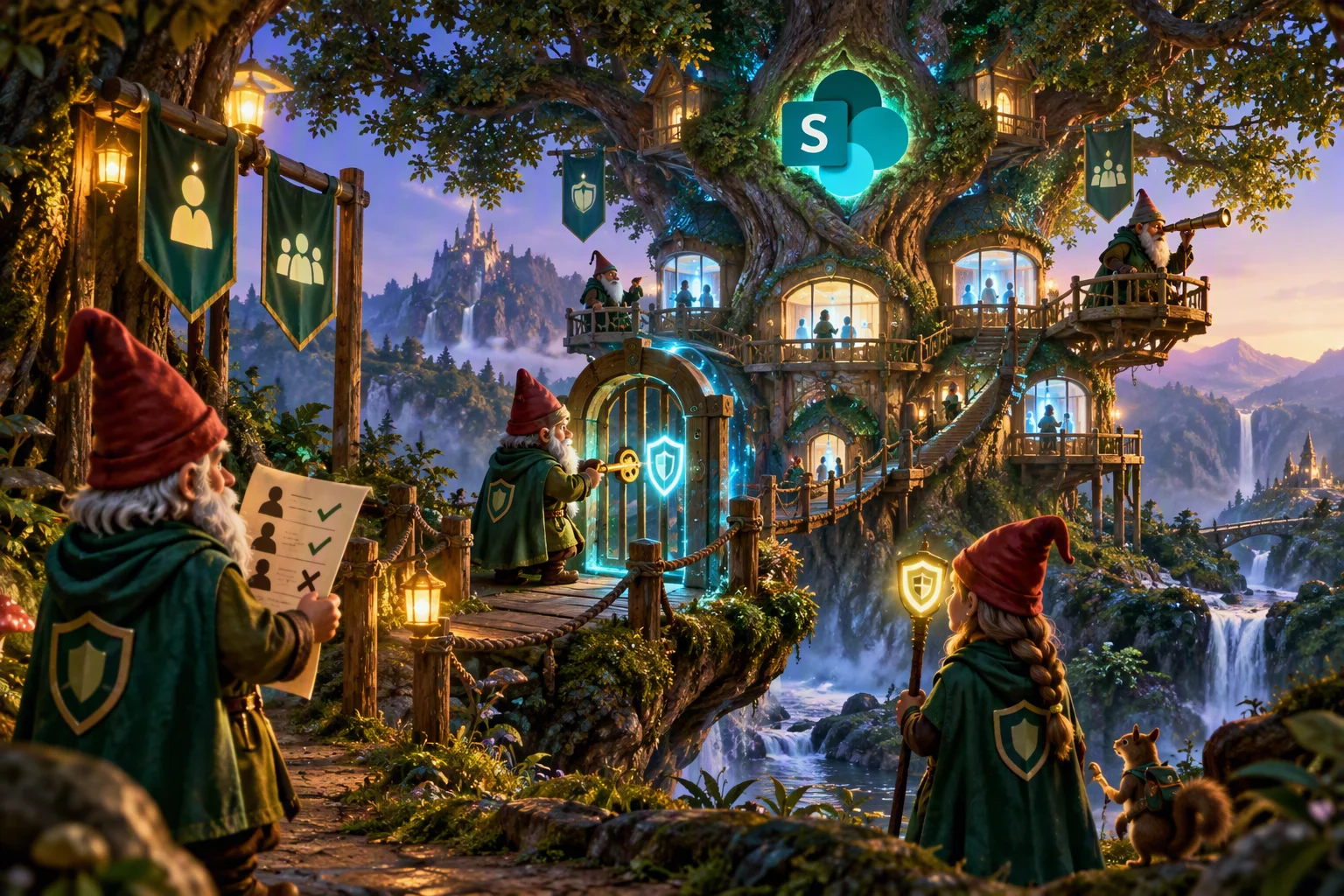 Fantasy scene of gnomes in green cloaks with shield emblems guarding a giant tree house topped with the SharePoint logo. One gnome checks a list of people with ticks and a cross, another unlocks a glowing shielded gate with a golden key, and a third watches from a balcony through a telescope.