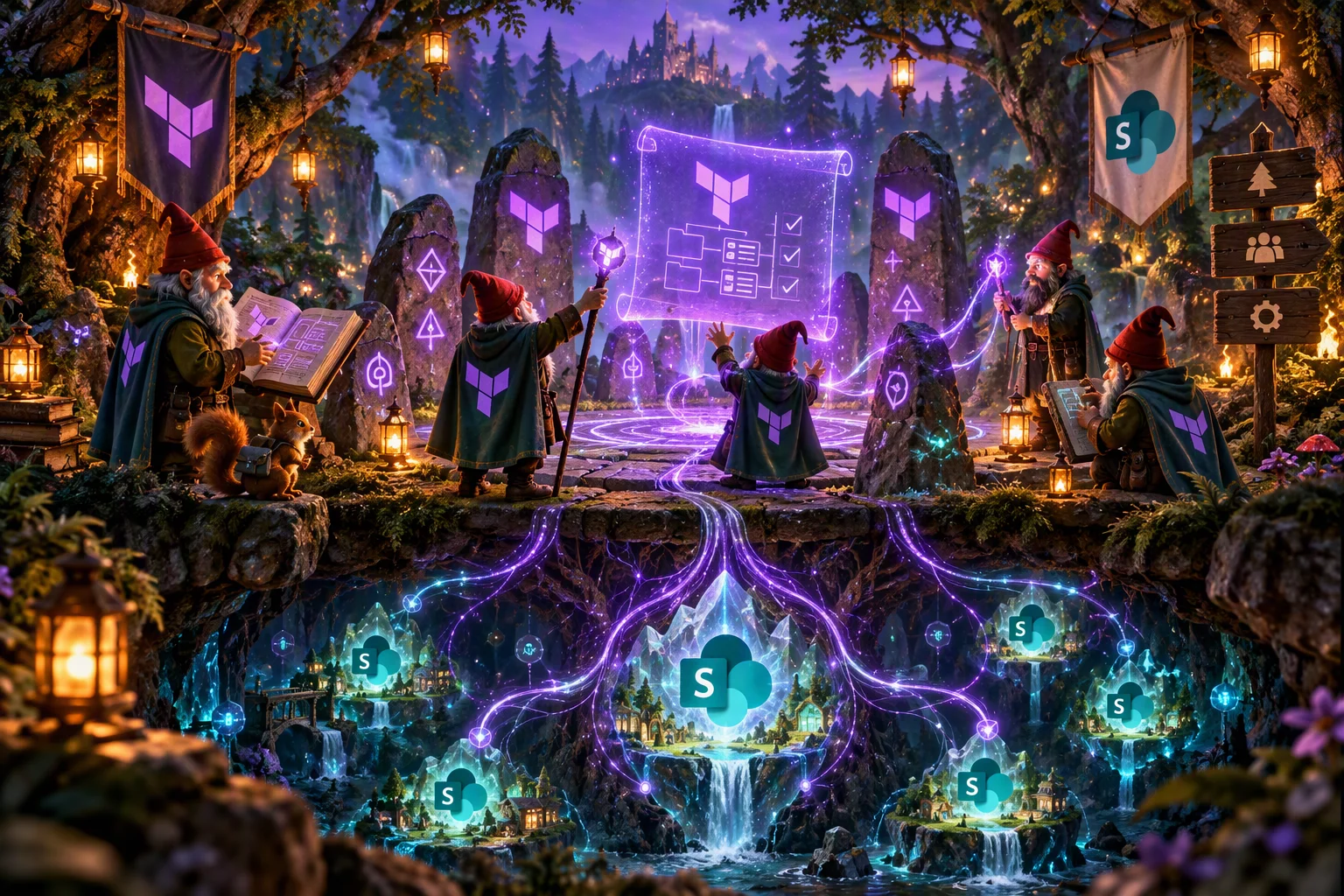 Fantasy scene of gnomes in cloaks with the Terraform logo standing in a stone circle at night. One reads a spell book, one raises a staff towards a glowing purple scroll showing a plan with checkmarks, and another writes on a tablet. Purple light flows from the circle down into a cavern with several small glowing villages, each marked with the SharePoint logo.