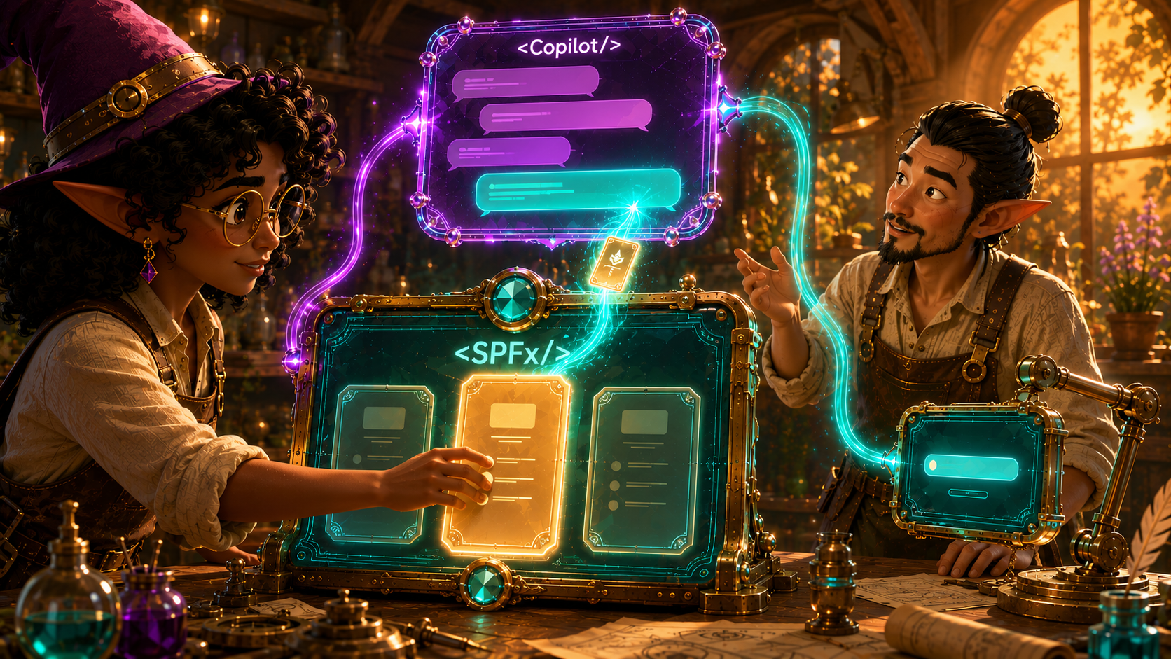 Two elf artisans in a sunlit workshop: a purple Copilot panel of chat bubbles above, a teal SPFx panel below holding three cards with the middle one lit gold under her hand, and a teal thread carrying that choice up into the conversation and on to a small result panel.