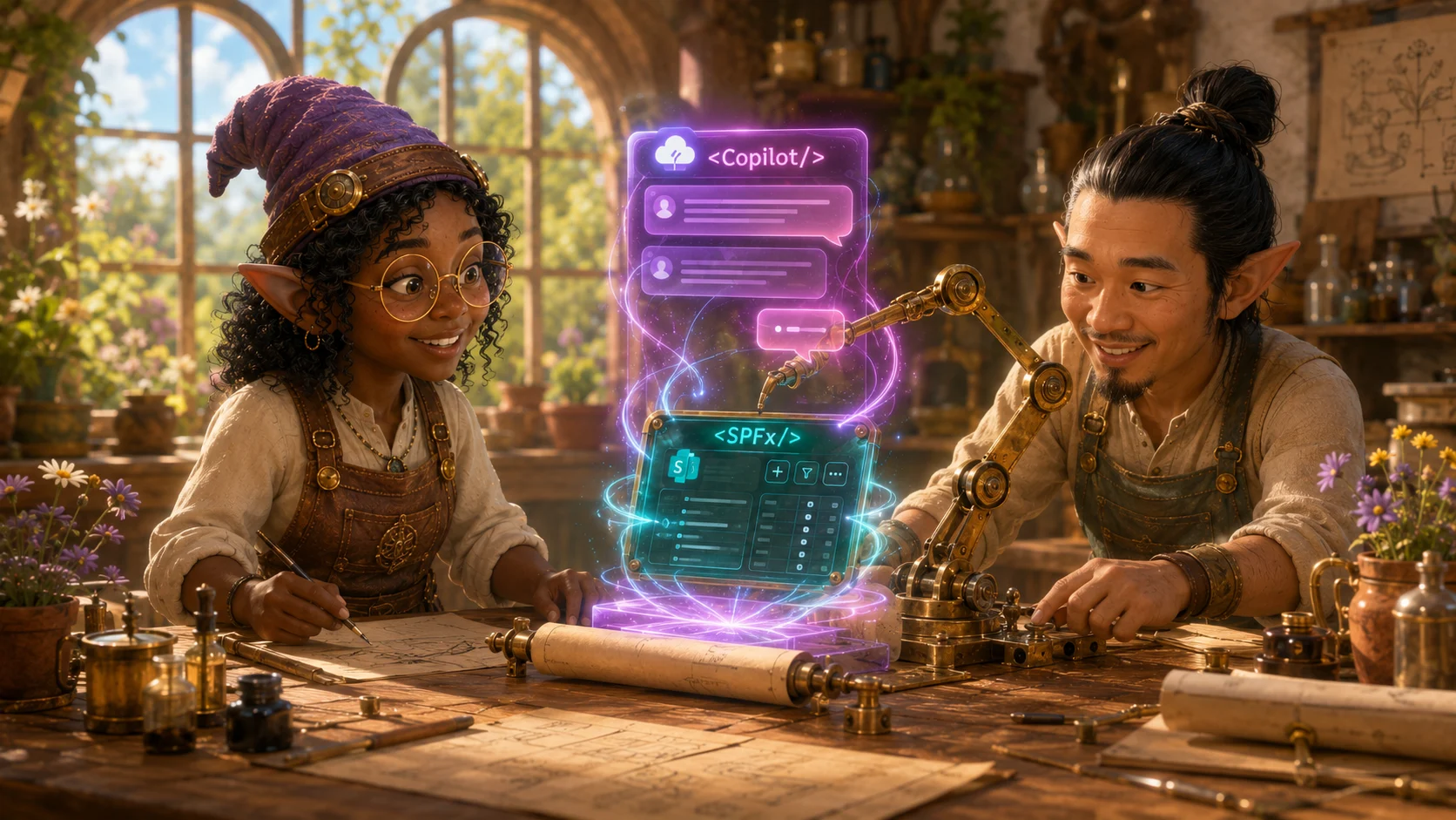 Two gnome artisans guide a teal SPFx panel into a purple Copilot conversation while light travels in both directions, representing intent flowing to the component and a follow-up returning to Copilot.