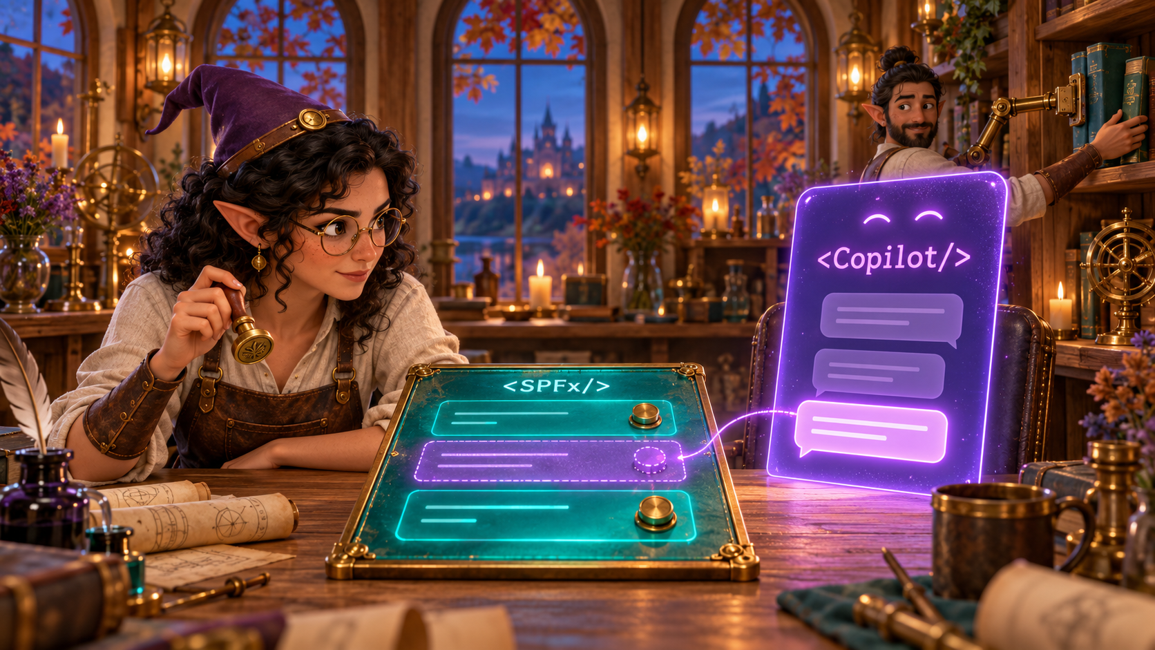 Two elf artisans in a lantern-lit workshop on an autumn evening: one holds a brass seal and faces a purple Copilot panel sitting in the counterpart's chair across the table, with a teal SPFx deal sheet of three terms between them, its middle term a purple proposal from the newest chat bubble. In the background, the second artisan sets teal-bound ledgers on a shelf with a brass arm.