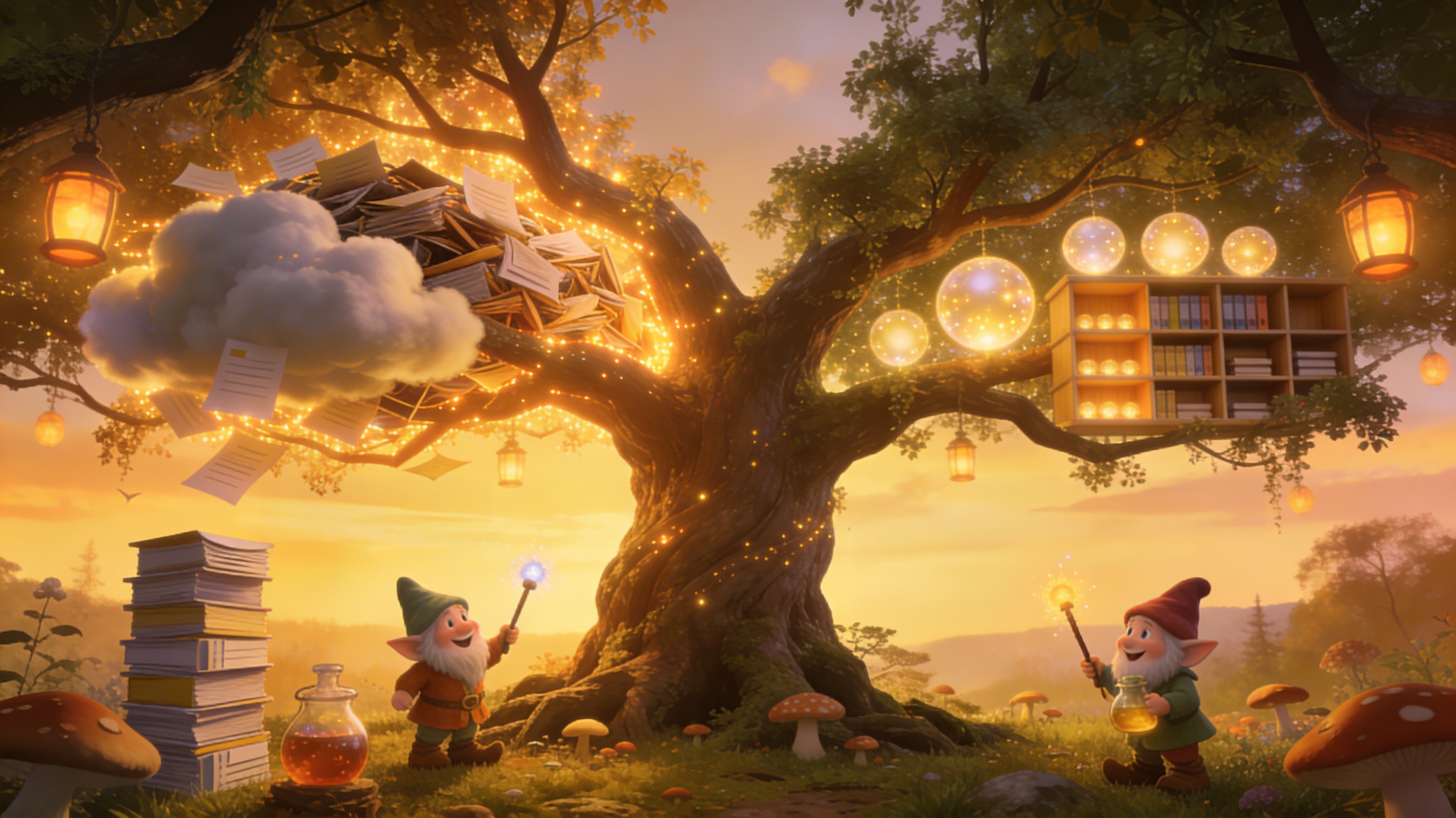 Whimsical enchanted forest scene with two gnomes wielding magical wands beside a giant tree. On the left a cloud holds scattered, disordered documents; on the right an organized bookshelf with glowing orbs — symbolizing the cleanup of old file versions into structured, well-governed storage.