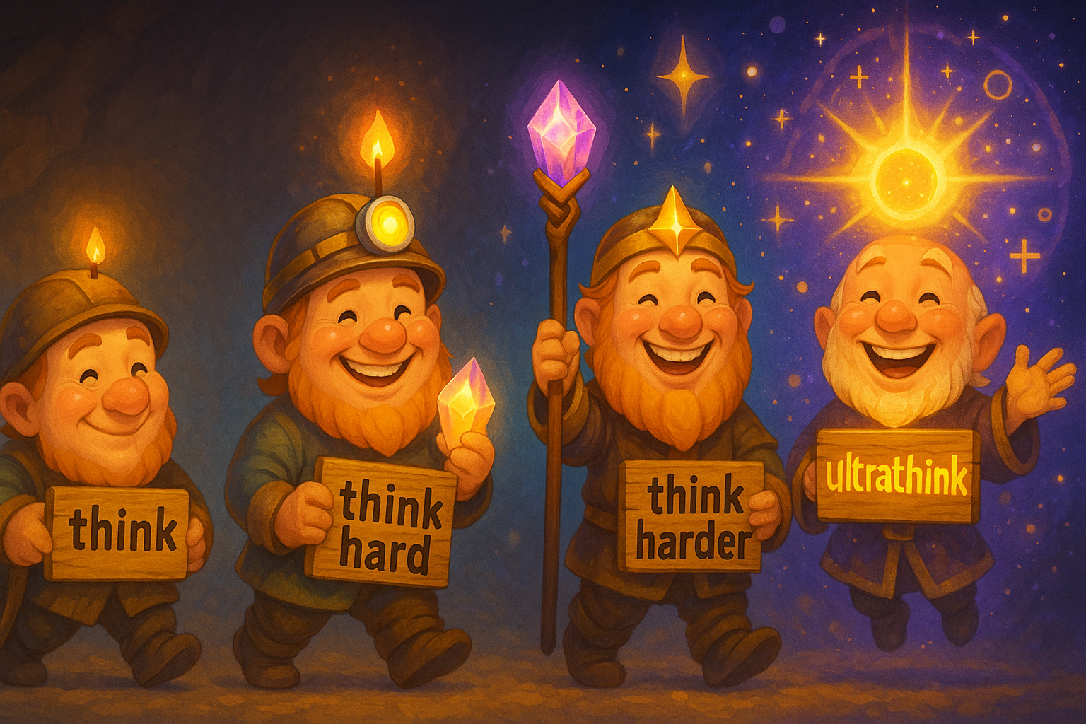 Evolution-style illustration showing four dwarfs progressing from left to right, representing the four thinking levels of Claude Code: think, think hard, think harder, and ultrathink. Each dwarf becomes progressively more enlightened, from a hunched miner with dim light to a floating figure surrounded by computing patterns and pure light