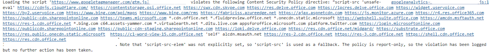 Browser console showing CSP violation for googletagmanager.com/gtm.js with the message 'violates the following Content Security Policy directive: script-src unsafe-eval'