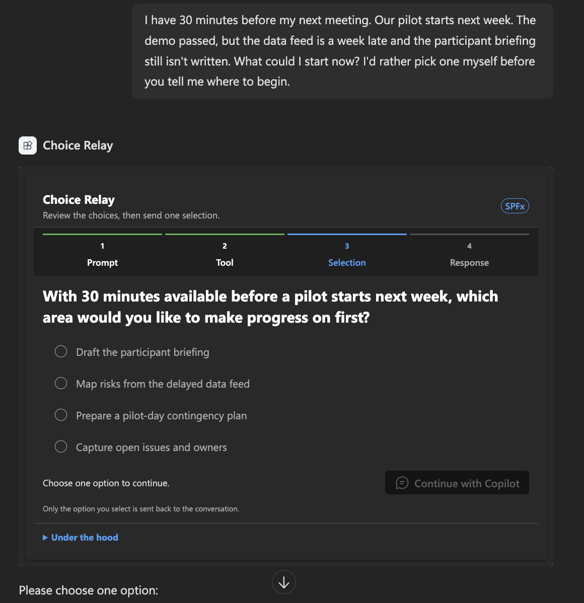 The situation prompt, and the choice component Copilot rendered from it