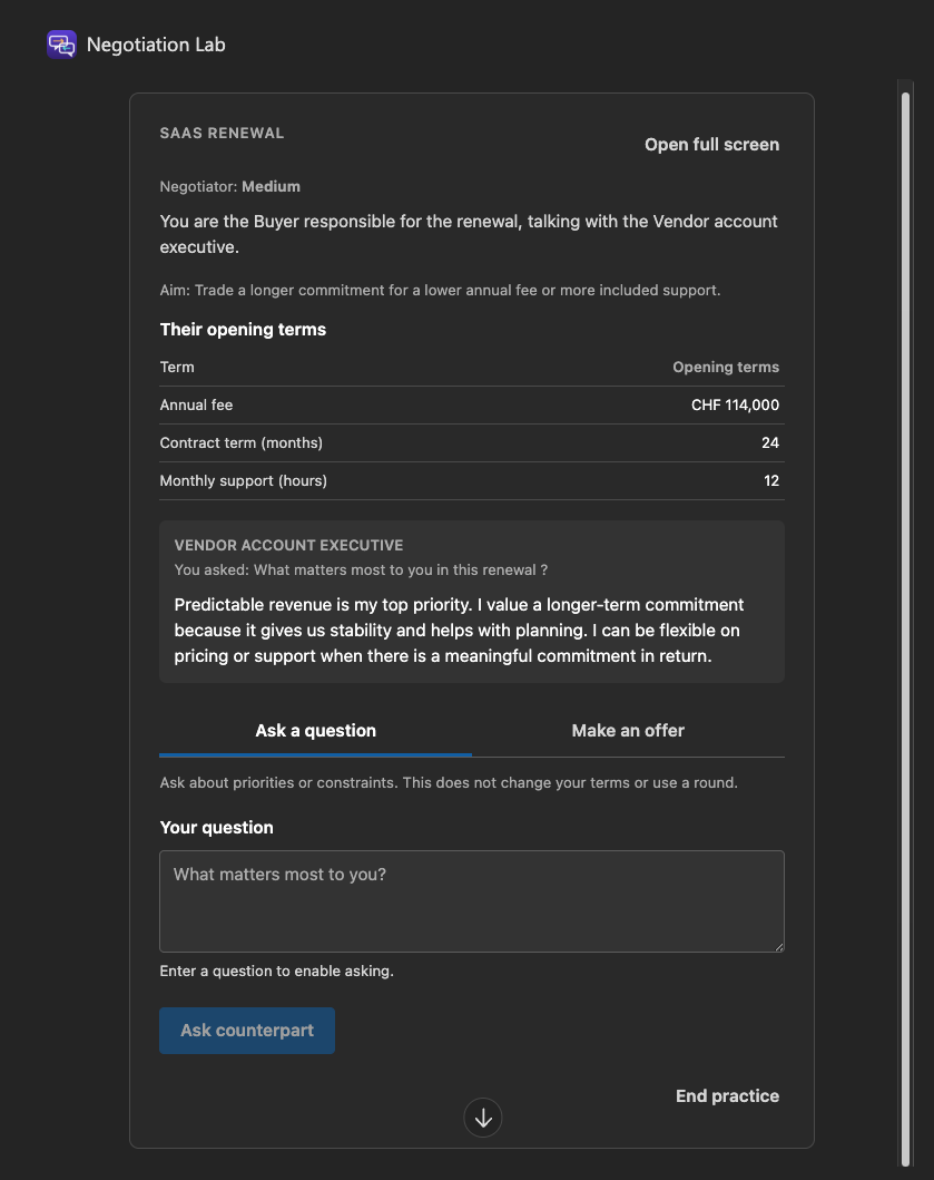 The vendor&rsquo;s answer about predictable revenue, displayed inside the React practice board