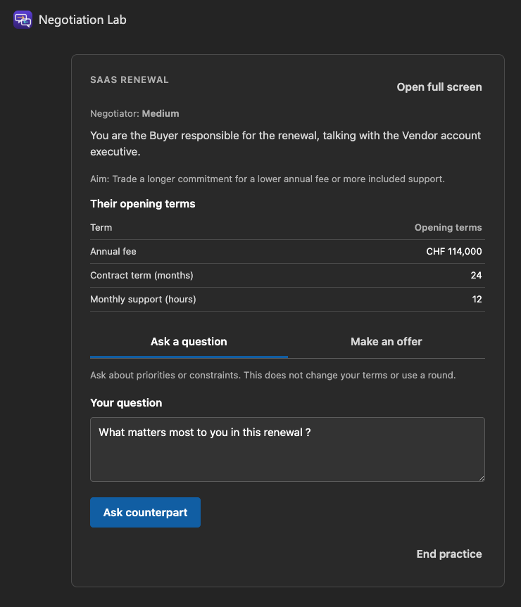 A renewal question entered under Ask a question, ready to send