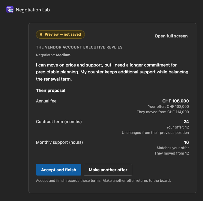 Counteroffer preview comparing the vendor&rsquo;s CHF 108,000, 24-month, 16-hour package with the player&rsquo;s offer and the vendor&rsquo;s previous position