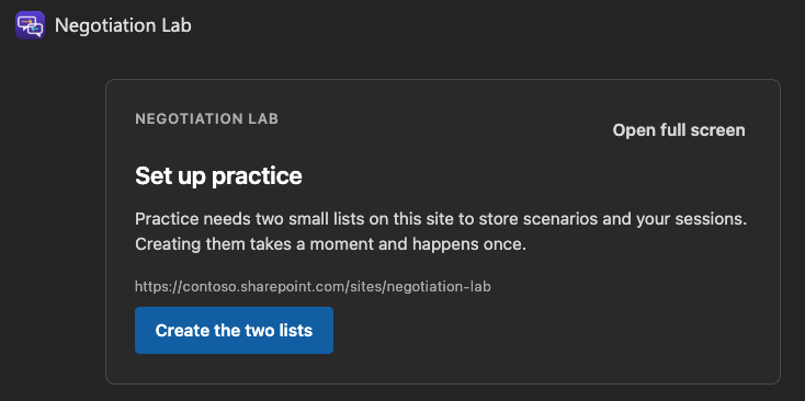 The first-run setup component with the Create the two lists action